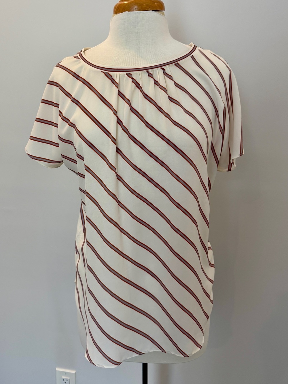 LOFT Cream Short-Sleeve Top with Burgundy Diagonal Stripes